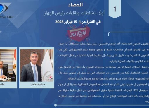 جهاز حماية المستهلك يستعرض أبرز الجهود الرقابية في ضبط الأسواق وأسعار السلع وتلقي شكاوي المواطنين في مختلف القطاعات، خلال النصف الأول من فبراير 2025