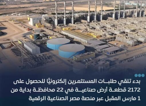 بدءًا من 1 مارس القادم و حتى 10 مارس التقدم  للطرح التاسع للأراضي الصناعية المرفقة بإجمالي  2172 قطعة أرض، في ٢٢ محافظة   عبر منصة “مصر الصناعية الرقمية”